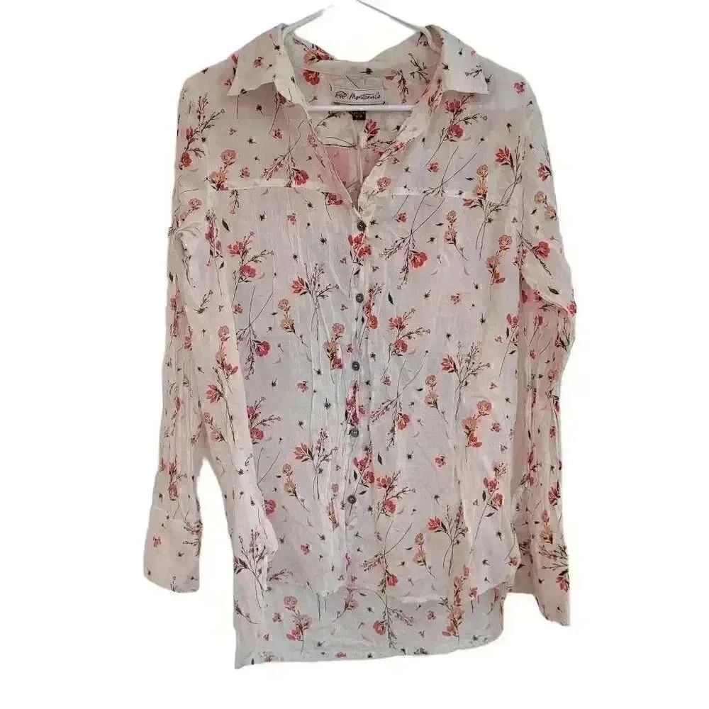 Montana Co Women's White Floral Cotton Cowboy Patch Long Sleeve Button Down Shir